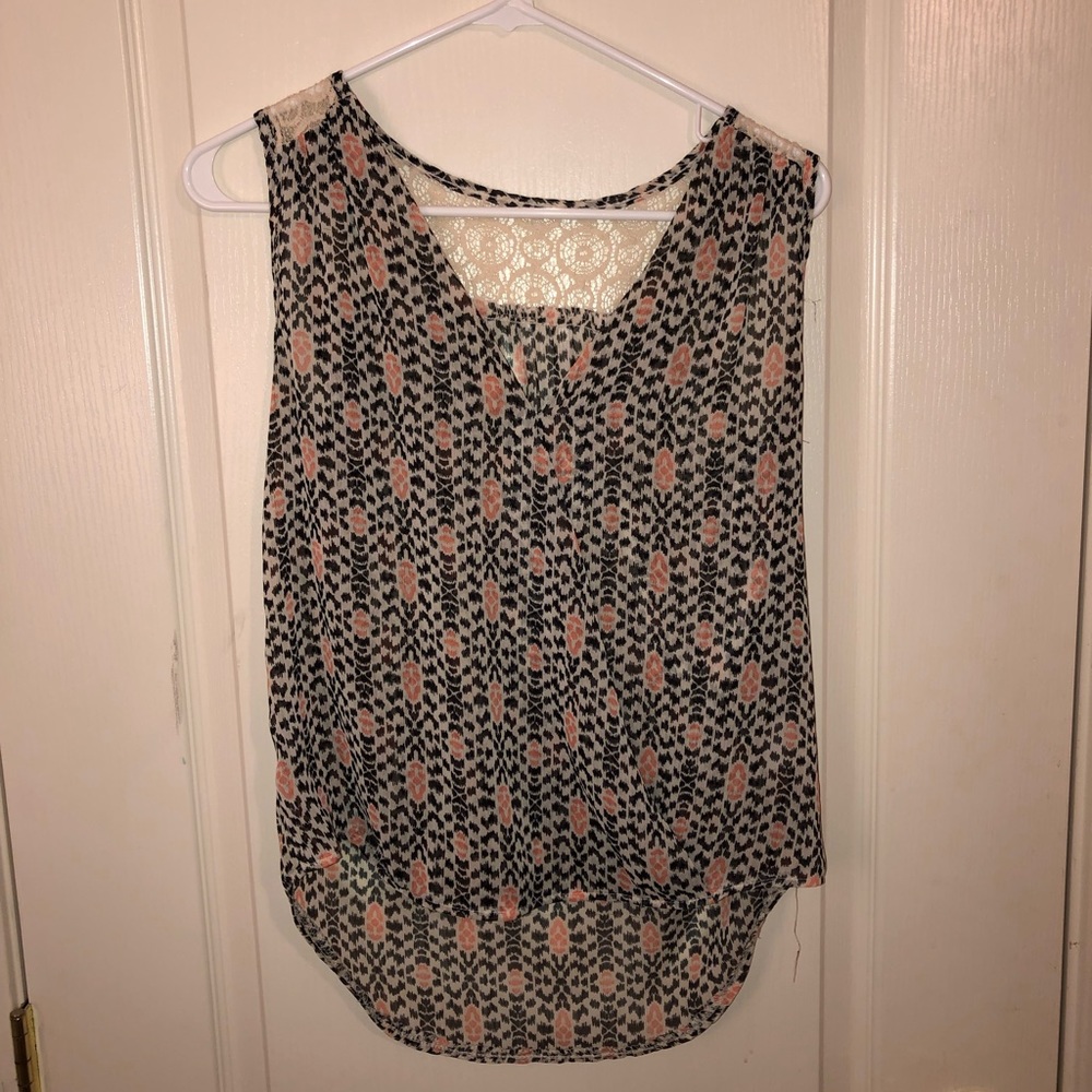 cream, black and coral blouse